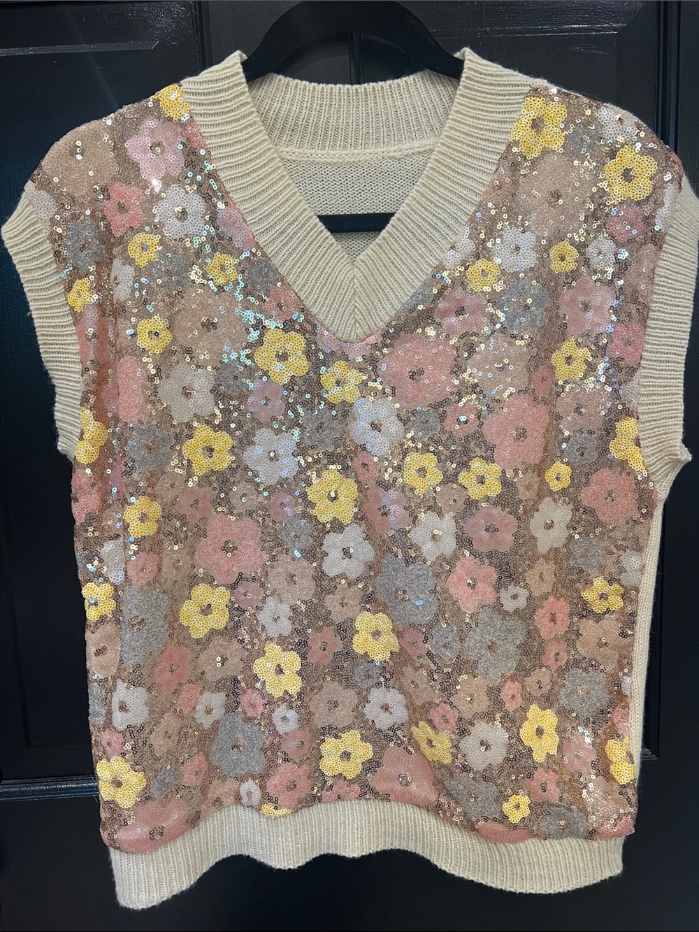 Sequin Floral V-Neck Knit Vest - Cream with Pastel Flowers
